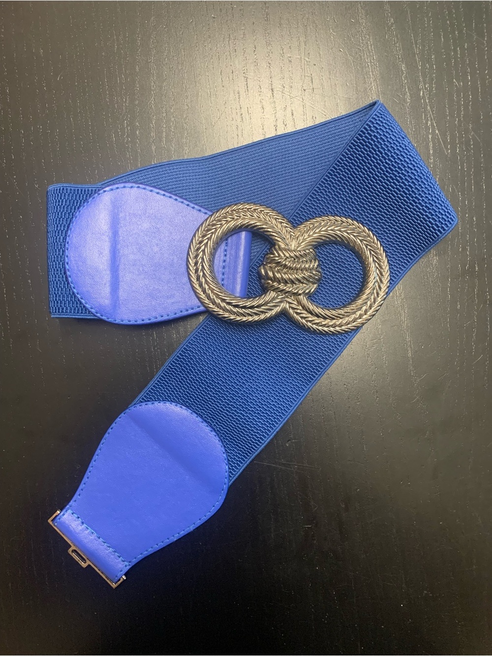 Vintage Blue Elastic Waist Belt with Braided Silver Ring Buckle